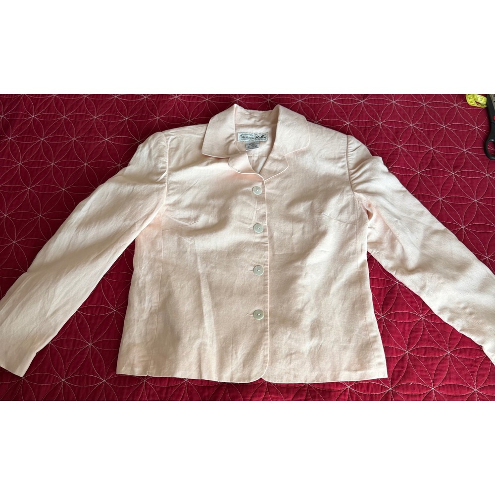 Victoria Holley Womens Pale Peach Linen Blend Button Front Blazer Jacket Sz 8Vtg